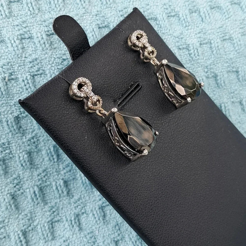 Elite Shungite & Natural White Zircon Dangling Earrings. - Picture 3 of 7